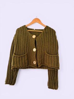 Olive Cropped Chunky Knit Button-Front Cardigan